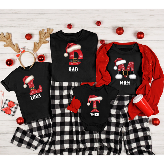 Personalized Family Christmas Name Shirts – Custom Initials with Festive Hat & Belt Design for All Ages