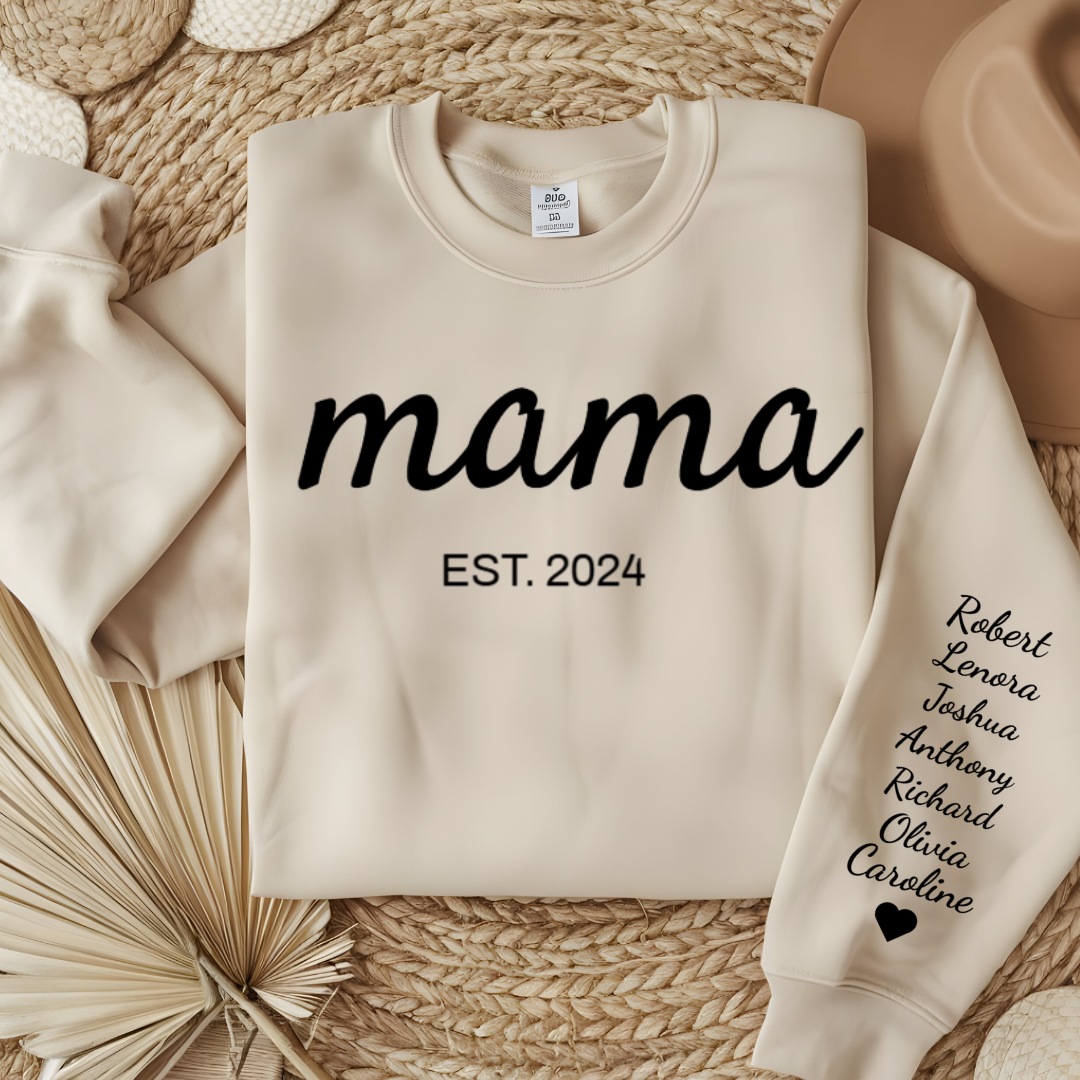 Custom Mama | Grandma Sweatshirt With Kids Names On Sleeve, Birthday Outfits, Baby Announcement Gifts