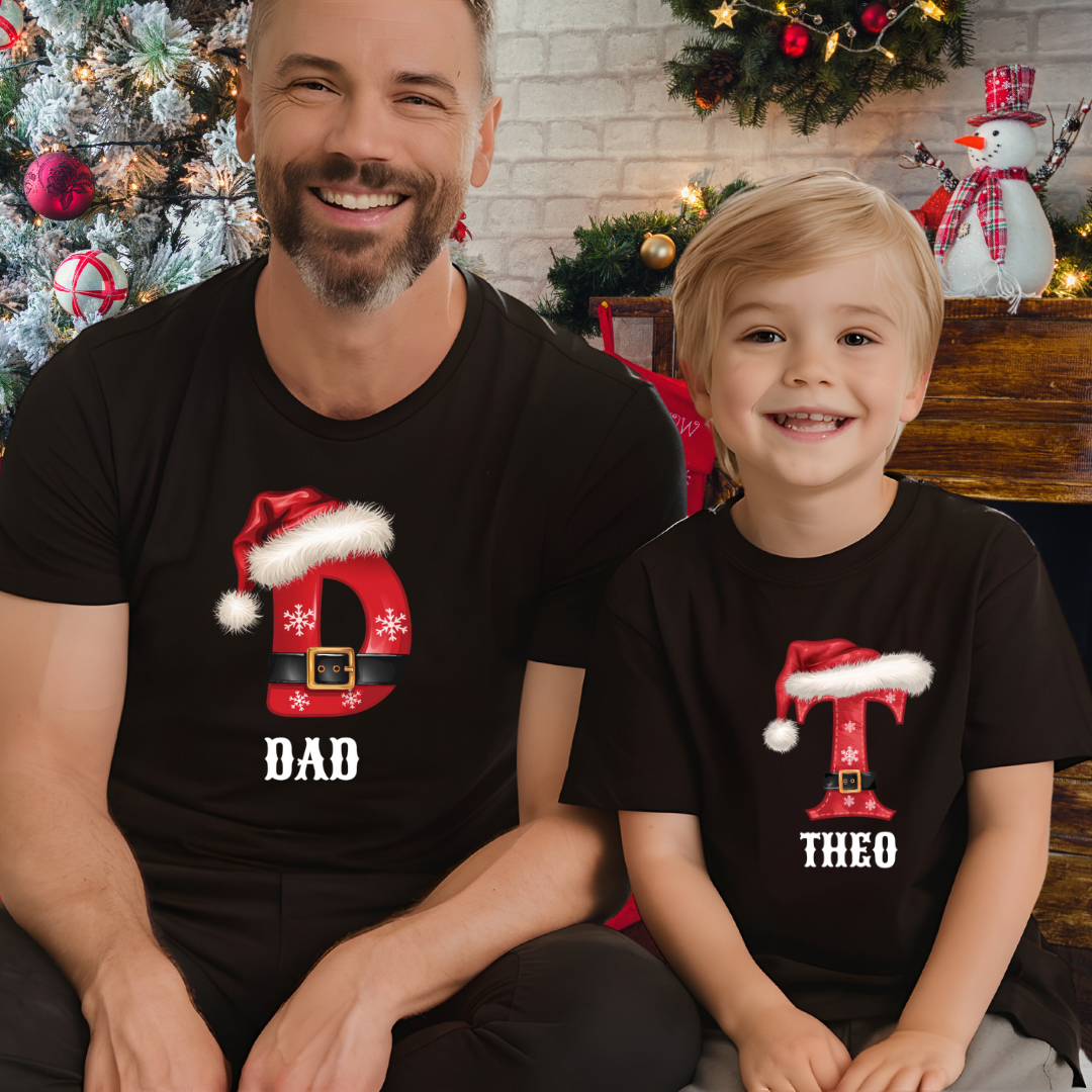 Personalized Family Christmas Name Shirts – Custom Initials with Festive Hat & Belt Design for All Ages