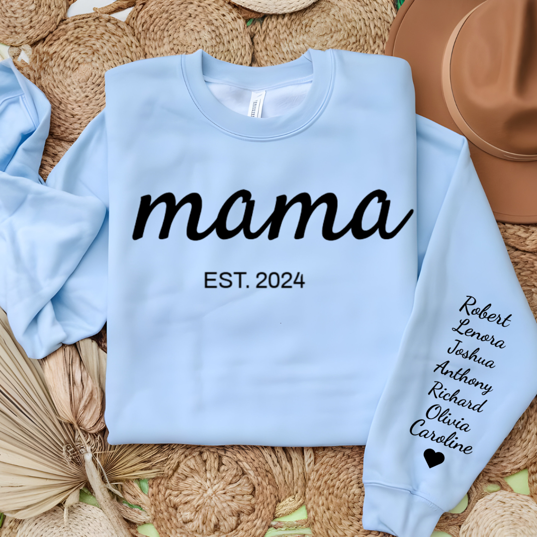 Custom Mama | Grandma Sweatshirt With Kids Names On Sleeve, Birthday Outfits, Baby Announcement Gifts