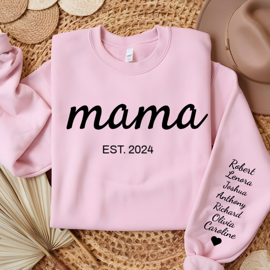 Custom Mama | Grandma Sweatshirt With Kids Names On Sleeve, Birthday Outfits, Baby Announcement Gifts