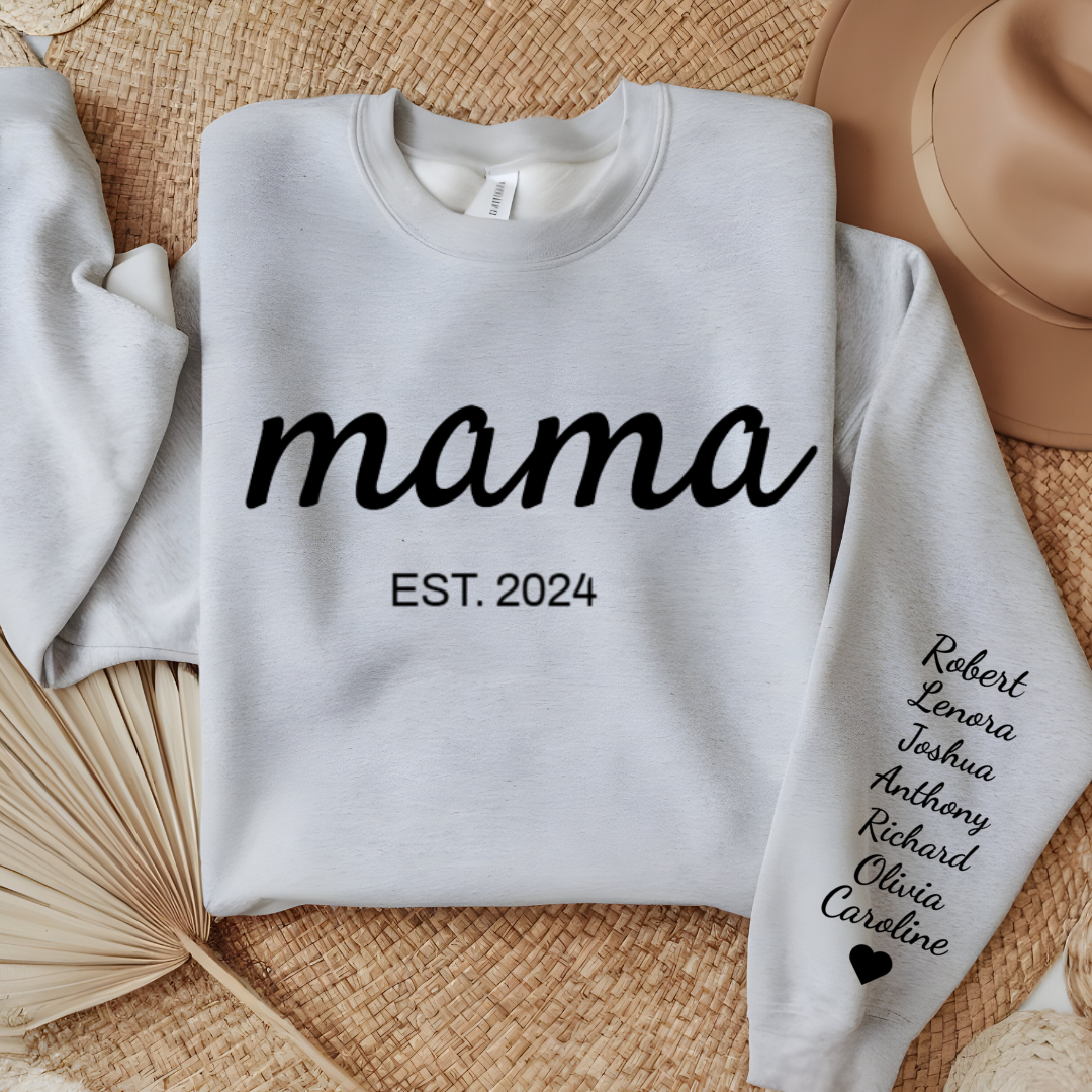 Custom Mama | Grandma Sweatshirt With Kids Names On Sleeve, Birthday Outfits, Baby Announcement Gifts