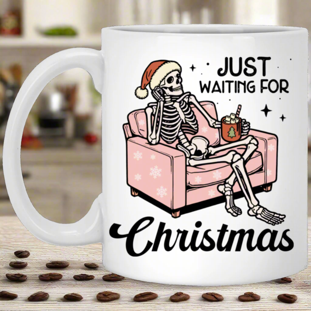Just Waiting for Christmas Skeleton Mug: Festive Humor for the Holidays