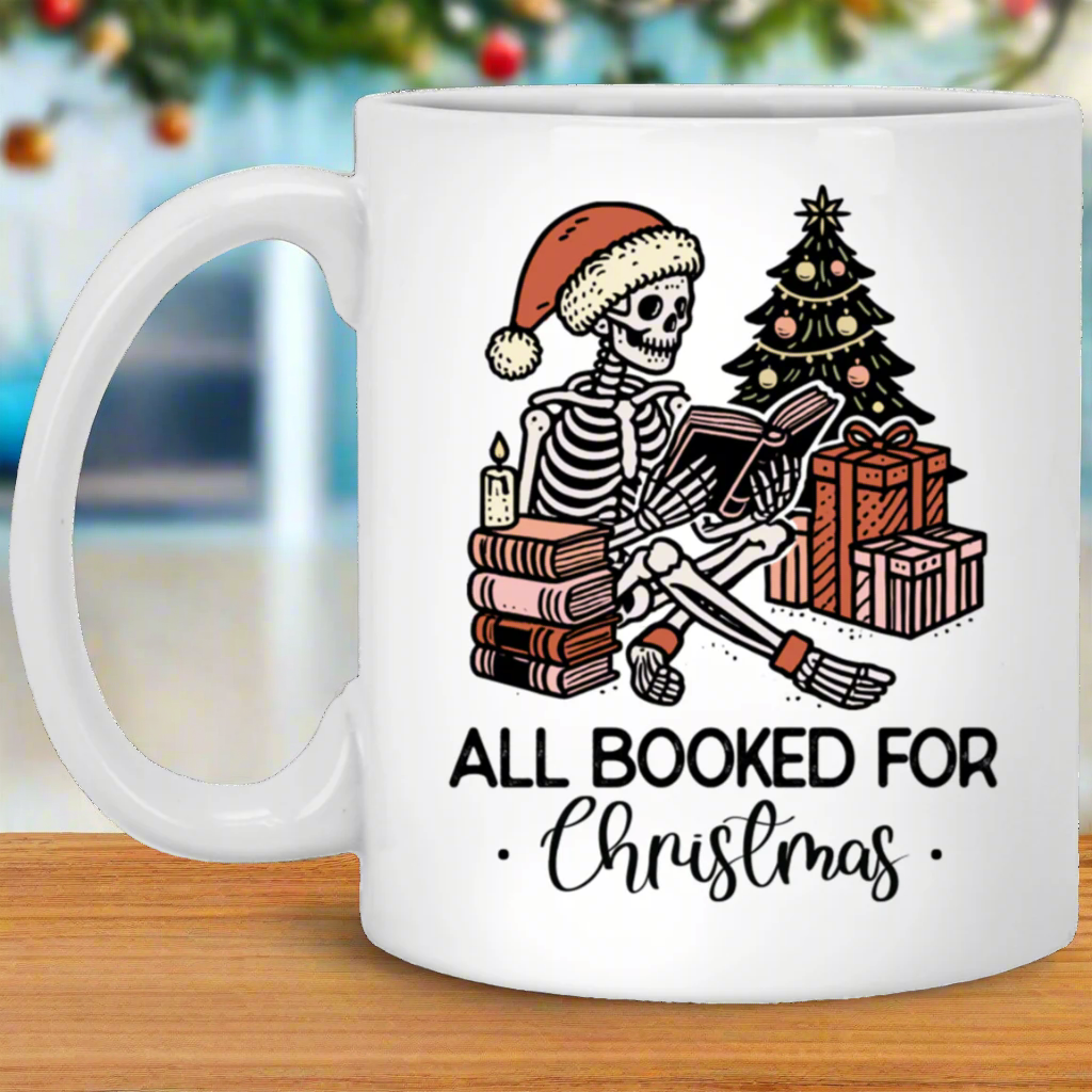 All Booked for Christmas Skeleton Mug: Cozy Up with a Dark Twist