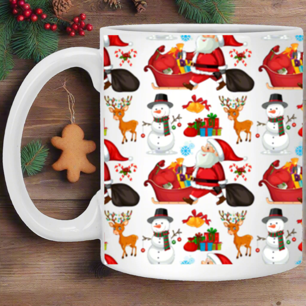 Festive Holiday Mug: Santa, Snowman, and Reindeer Designs