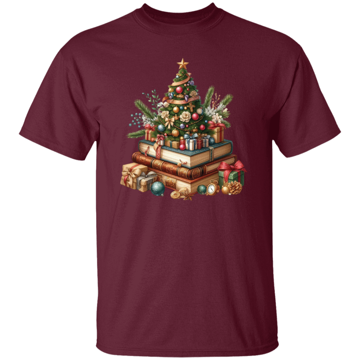 Christmas Tree Book Stack T-Shirt – Perfect Holiday Gift for Book Lovers