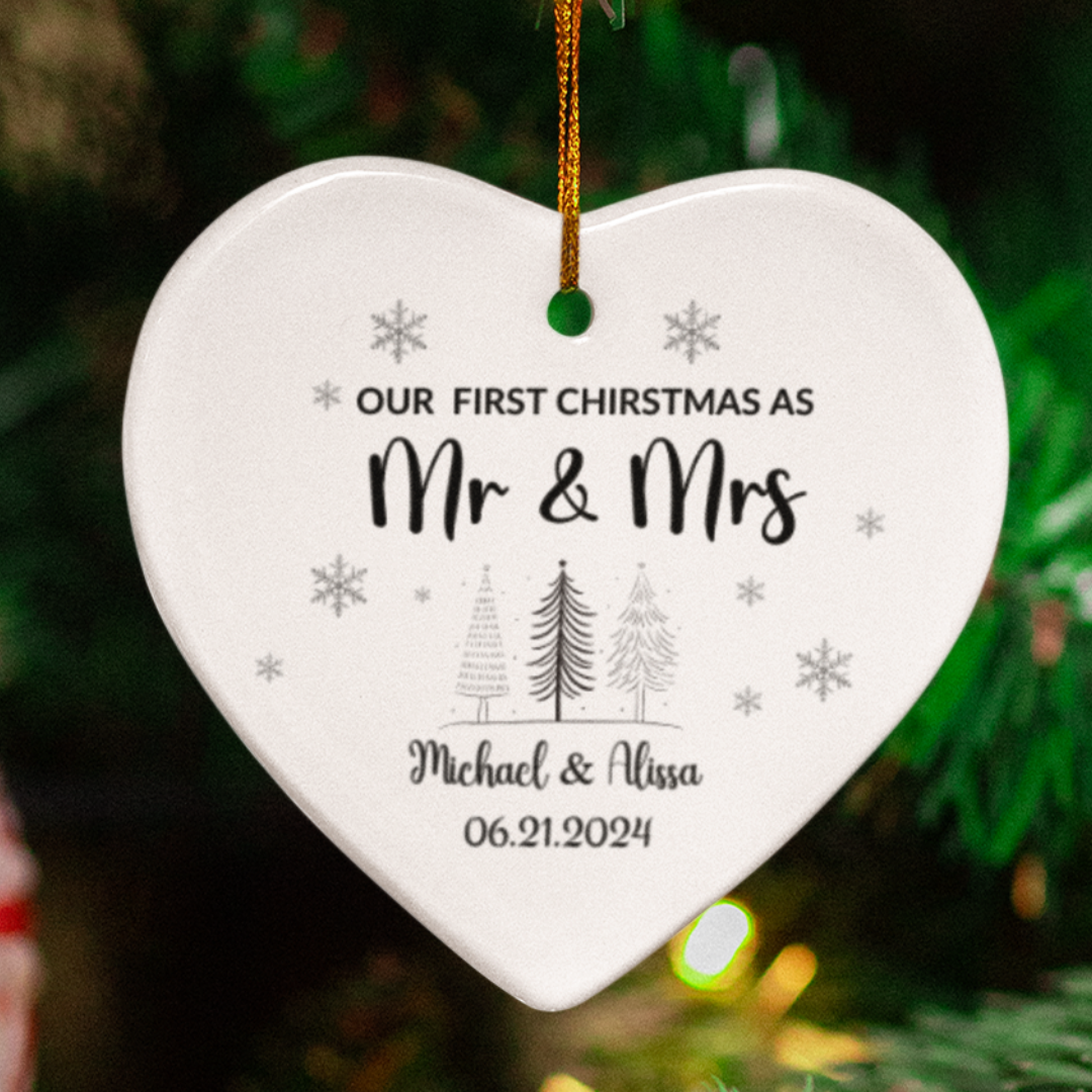 Our First Christmas as Mr. and Mrs. Heart Ornament - Personalized Holiday Keepsake