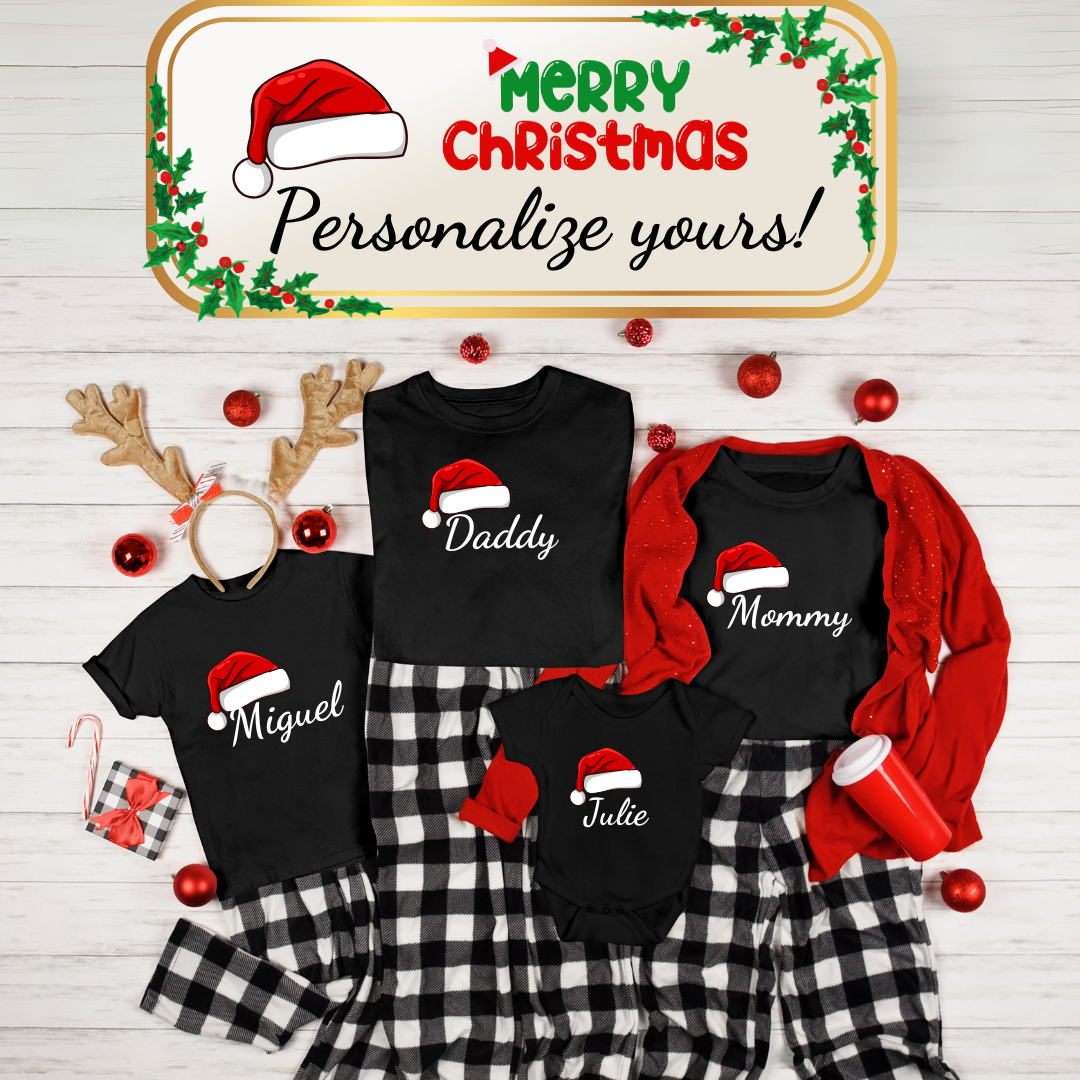 Fun Personalized Family Christmas Hat T-Shirt | Matching Christmas Outfits | Family Matching Pajamas