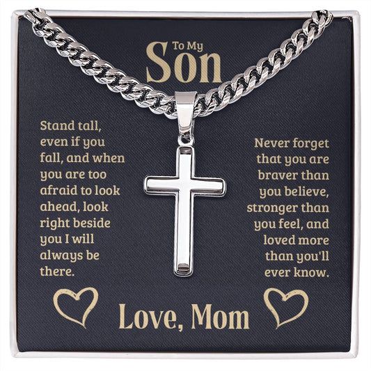 To My Son | Never Forget that You are Brave | Cuban Link Chain with Engraved Artisan Cross