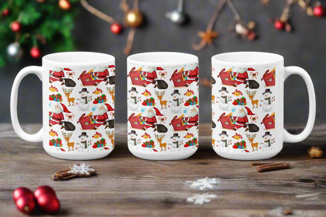 Festive Holiday Mug: Santa, Snowman, and Reindeer Designs