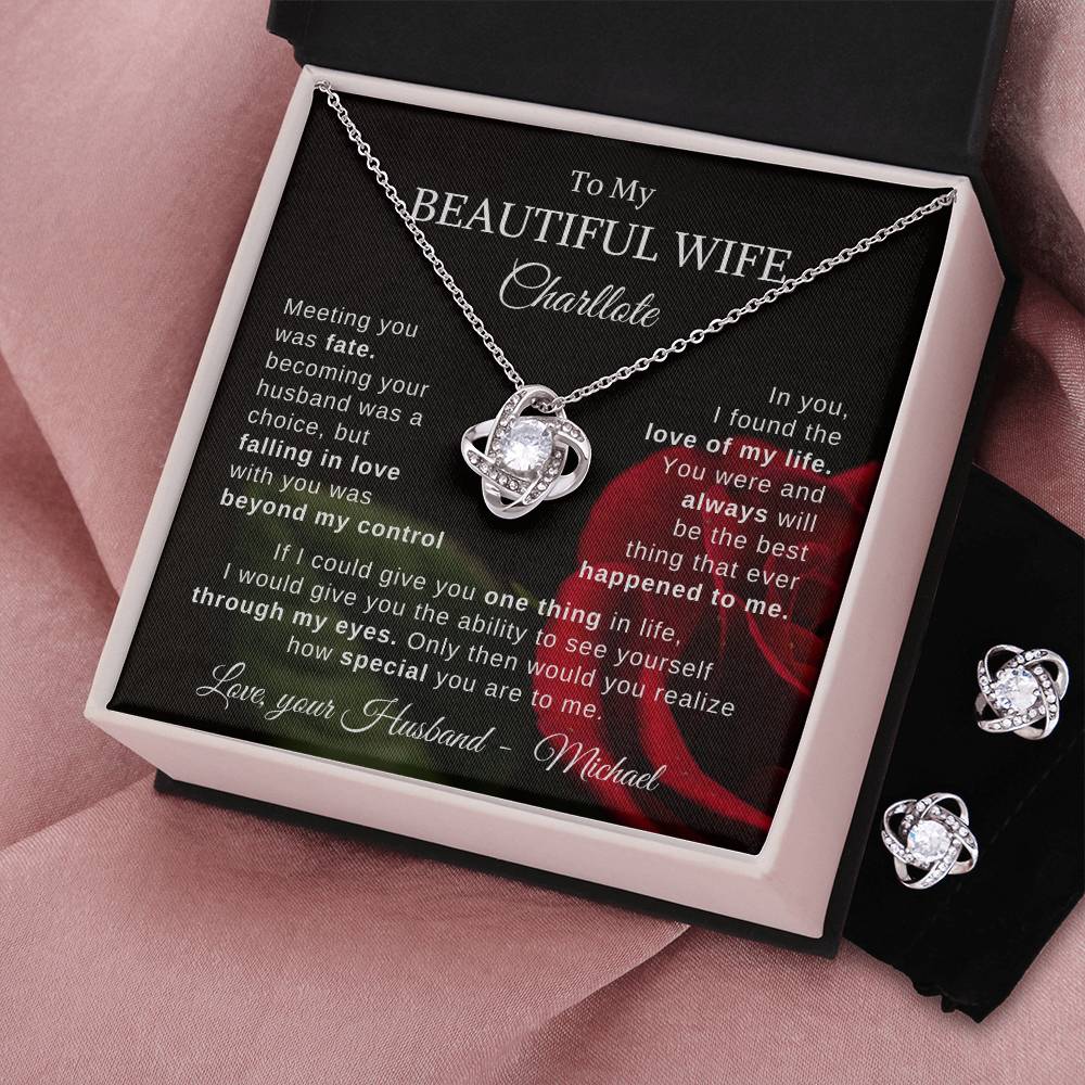 To My Beautiful Wife - Personalized Kit with Knot Earring & Necklace | Gift From Husband To Wife